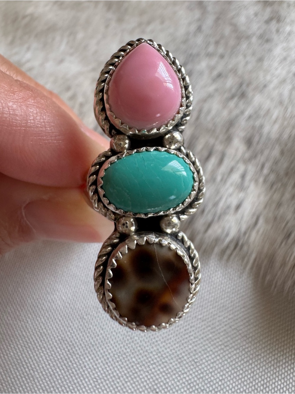 Native American Pink Conch Turquoise and Cowrie shell ring